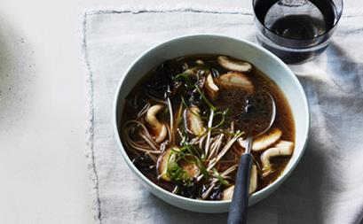 Beef bone broth with mushrooms and buckwheat noodles
