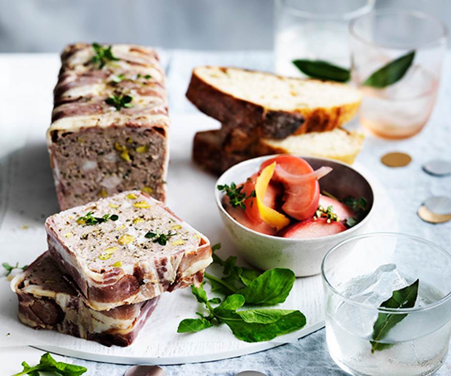 Turkey and pistachio terrine with pickled nectarines
