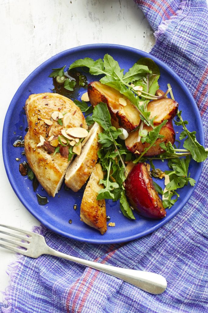 Chicken with Roasted Plums and Almond Gremolata
